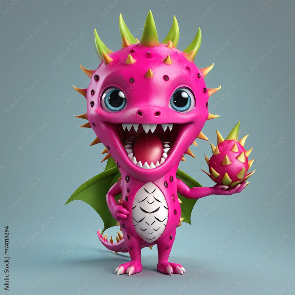 3D fruit character dragon red fruit with big eyes and happy smile in face fun, 3D render 3D fruit character dragon red fruit with big eyes and happy smile in face fun, 3D render