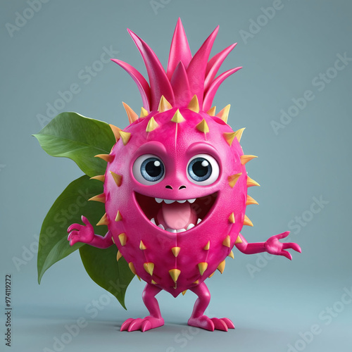 3D fruit character dragon red fruit with big eyes and happy smile in face fun, 3D render