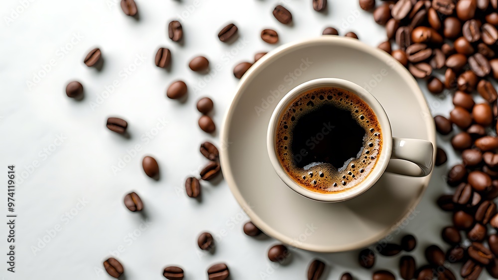 Cup of coffee surrounded by scattered coffee beans on a clean, white background. Perfect for coffee enthusiasts and use in cafe menus, blogs, and food photography. Cup of coffee surrounded by scattered coffee beans on a clean, white background. Perfect for coffee enthusiasts and use in cafe menus, blogs, and food photography.