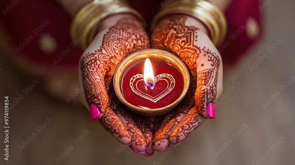 Indian woman with red henna tattoos and pink nail polish holding an oil lamp, celebrating Diwali with traditional customs, festival of lights, Indian culture, celebration Indian woman with red henna tattoos and pink nail polish holding an oil lamp, celebrating Diwali with traditional customs, festival of lights, Indian culture, celebration