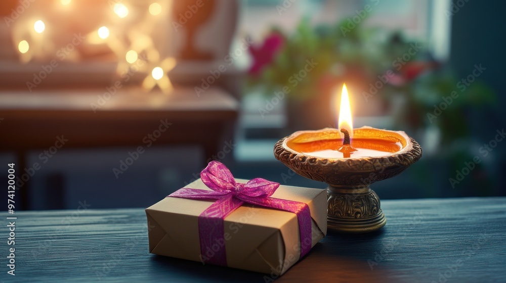 Oil lamp with gift boxes on a desk in a modern office, celebrating Diwali, festive office decor, Indian festival, festival of lights Oil lamp with gift boxes on a desk in a modern office, celebrating Diwali, festive office decor, Indian festival, festival of lights