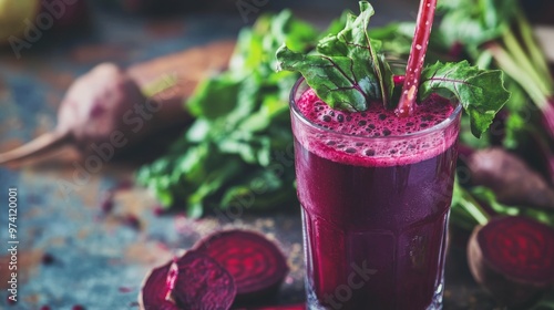 Refreshing Beet Juice - Healthy Drink Concept with Fresh Beets and Greens in Tall Glass