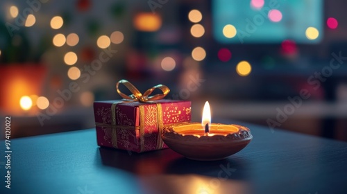 Oil lamp with gift boxes and sweets on a desk in a modern office, celebrating Diwali, festive setup, office decor, Indian festival, festival of lights photo