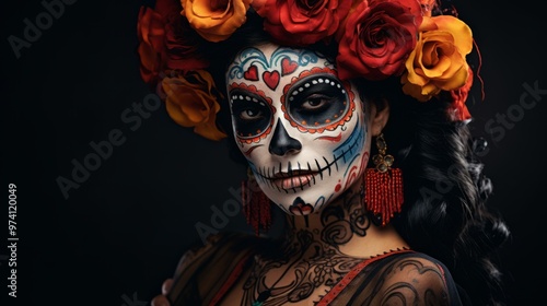 Close-up portrait young woman with sugar skull make up, flowers. Neural network ai generated art