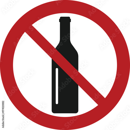 No alcohol prohibition sign or drinking not allowed. Vector sign with a bottle and red crossed circle
