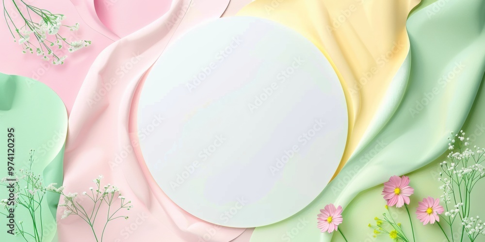 Fototapeta premium Soft pastel background - draped fabric textures in pink, green, yellow tones, central white circle podium platform, frame. Abstract neutral feminine banner, flyer, certificate, greeting card design