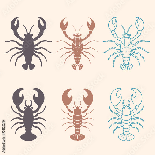 Lobster or crayfish icons set. Seafood shop logo, signboard, restaurant menu, fish market, banner, poster design template. Fresh seafood or shellfish product.