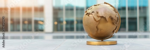 A golden globe sculpture placed on a modern city plaza, symbolizing global business, economy, and international connections, with a blurred office building in the background. photo