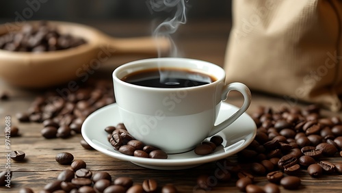 Steaming cup of coffee surrounded by scattered coffee beans and a burlap sack, set on a wooden surface. Perfect for coffee lovers and rustic-themed projects.