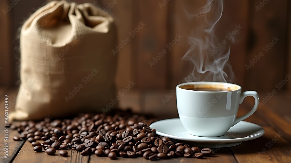 Steaming cup of coffee beside a burlap sack spilling coffee beans, set against a rustic wooden background. Steaming cup of coffee beside a burlap sack spilling coffee beans, set against a rustic wooden background.