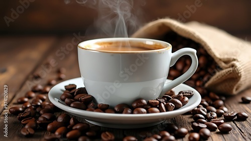 Steaming cup of coffee beside a burlap sack spilling coffee beans, set against a rustic wooden background.
