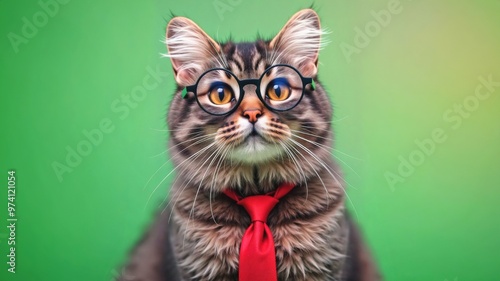 A stylish cat wearing a red tie and glasses sits alertly against a vibrant green background. The image captures the feline's sophisticated charm and playful personality.