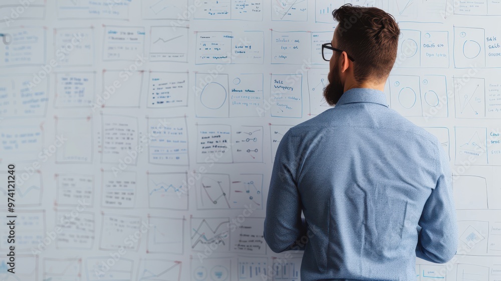 Businessman in a blue shirt analyzing various data, charts, and graphs on a whiteboard. Back view with a focus on the information presented. Businessman in a blue shirt analyzing various data, charts, and graphs on a whiteboard. Back view with a focus on the information presented.