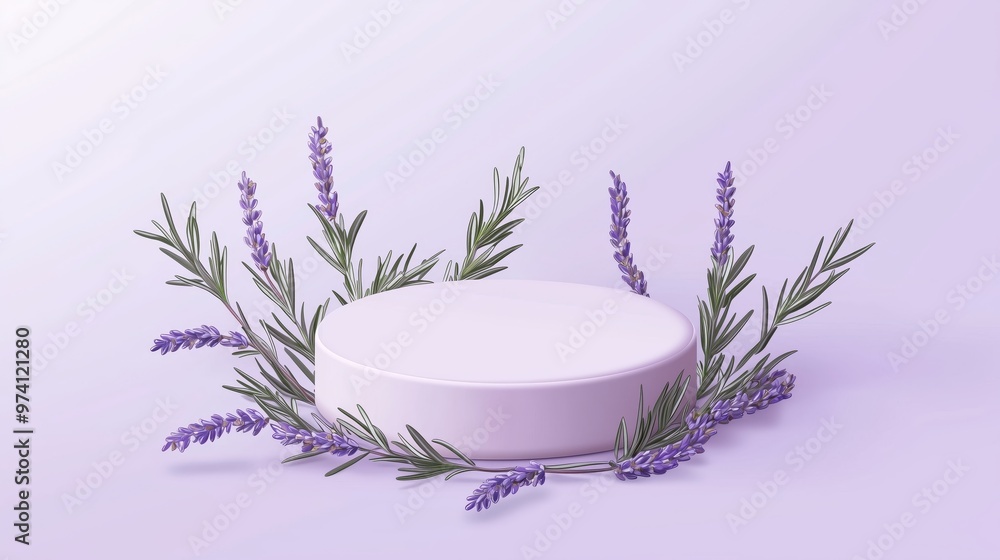 A vector illustration of an empty podium 3D surrounded by rich lavender buds and rosemary sprigs, isolated on a pastel violet background A vector illustration of an empty podium 3D surrounded by rich lavender buds and rosemary sprigs, isolated on a pastel violet background