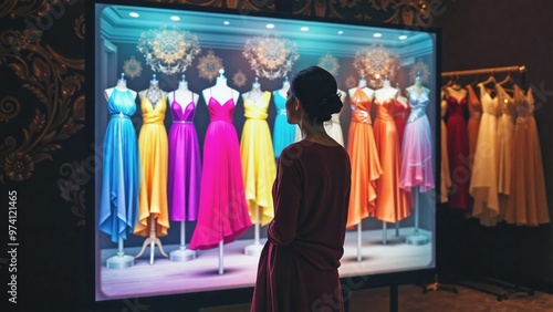 Dress Shopping Inspiration - Colorful Garment Display , A woman examines a vibrant display of colorful dresses, carefully considering her choices.