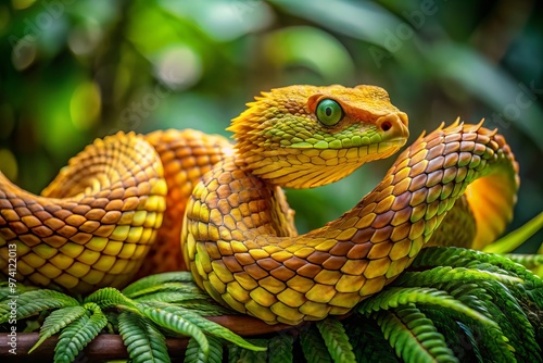 Dangerous spiny bush viper snake coiled on a branch in a dense jungle, its scaly body blending into photo