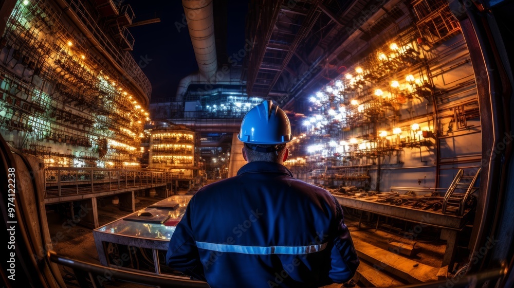 Engineer in protective gear manages advanced control panel with multiple screens and dials Engineer in protective gear manages advanced control panel with multiple screens and dials