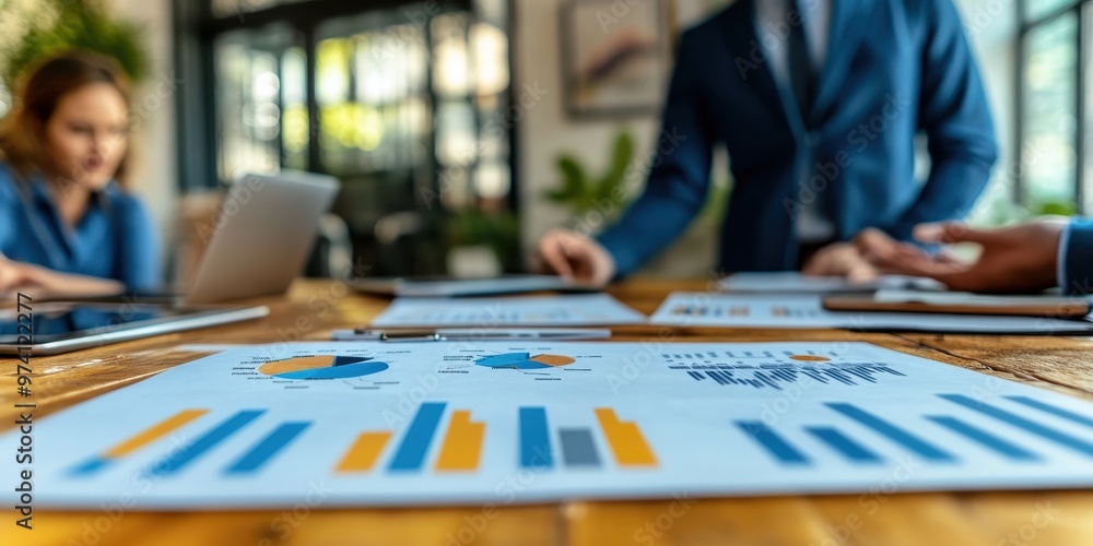 Business professionals collaborating over data analysis and charts in a modern office setting, emphasizing teamwork and strategy. Business professionals collaborating over data analysis and charts in a modern office setting, emphasizing teamwork and strategy.