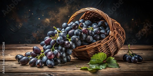 Dark and moody still life of freshly picked black grapes spilling out of a worn wicker basket, set photo