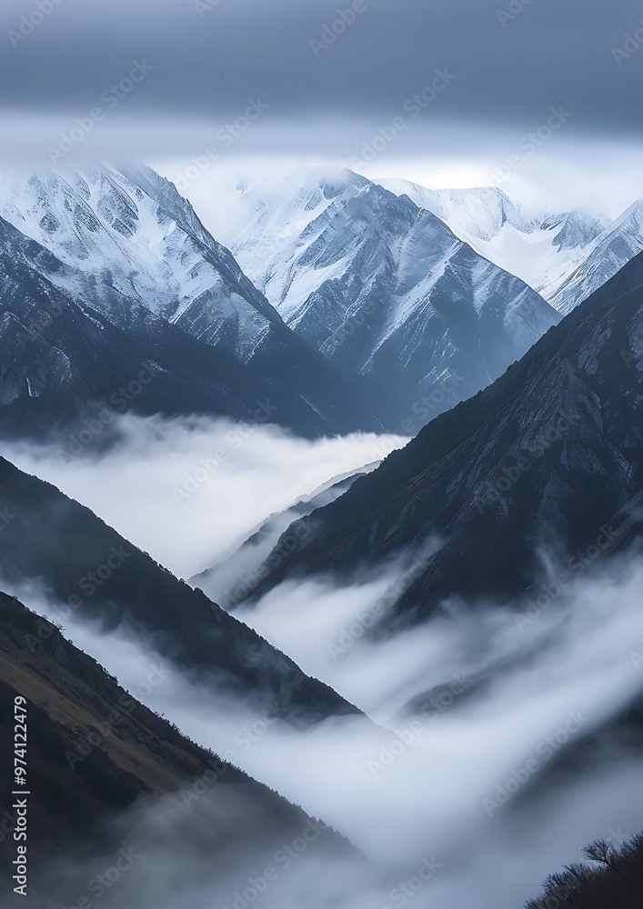Obraz premium A peaceful mountain valley covered in thick fog, with low-lying clouds resting in the valleys between the peaks, creating a surreal, layered visual effect.