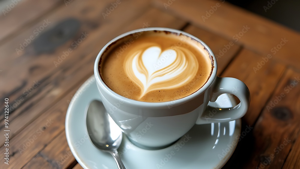Cup of coffee with heart-shaped latte art, elegantly placed on a white saucer. Perfect for coffee lovers, cafes, and food photography projects. Cup of coffee with heart-shaped latte art, elegantly placed on a white saucer. Perfect for coffee lovers, cafes, and food photography projects.