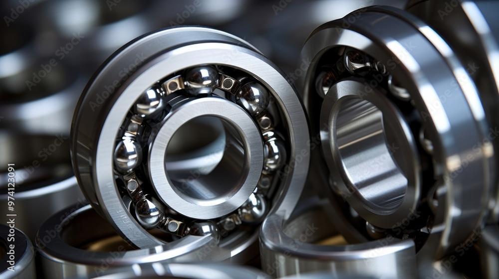 Set of deep groove ball and roller bearings on a gray background with soft focus. Neural network ai generated art Set of deep groove ball and roller bearings on a gray background with soft focus. Neural network ai generated art