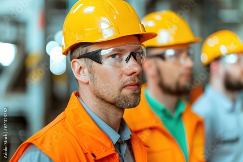 Close-up of industrial workers wearing orange safety vests, helmets, and protective goggles, attentively working in a factory environment