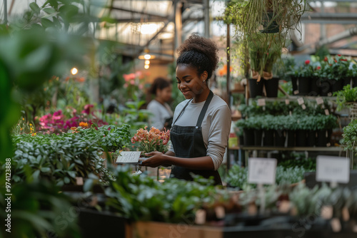 African American woman working at a garden center 