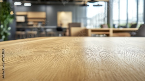 Empty light wood table top with blurred in office shop background