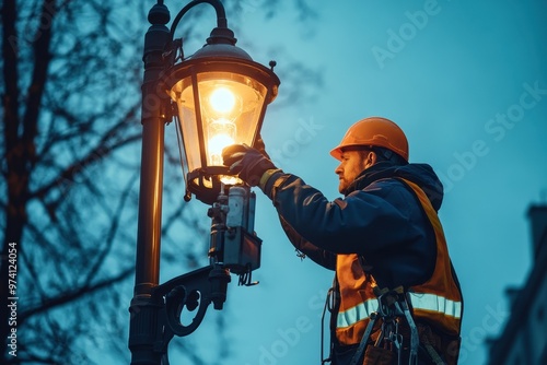 A worker repairs a vintage street lamp during twilight, highlighting urban maintenance and safety in a serene evening setting.