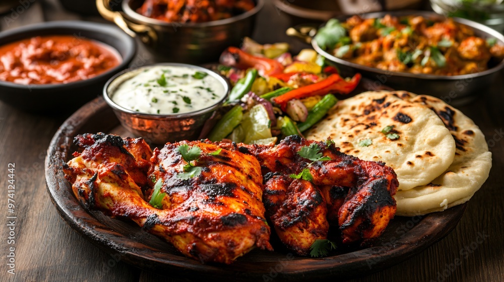 Closeup of grilled chicken with naan bread, roasted vegetables, and a yogurt sauce on a wooden table. Closeup of grilled chicken with naan bread, roasted vegetables, and a yogurt sauce on a wooden table.