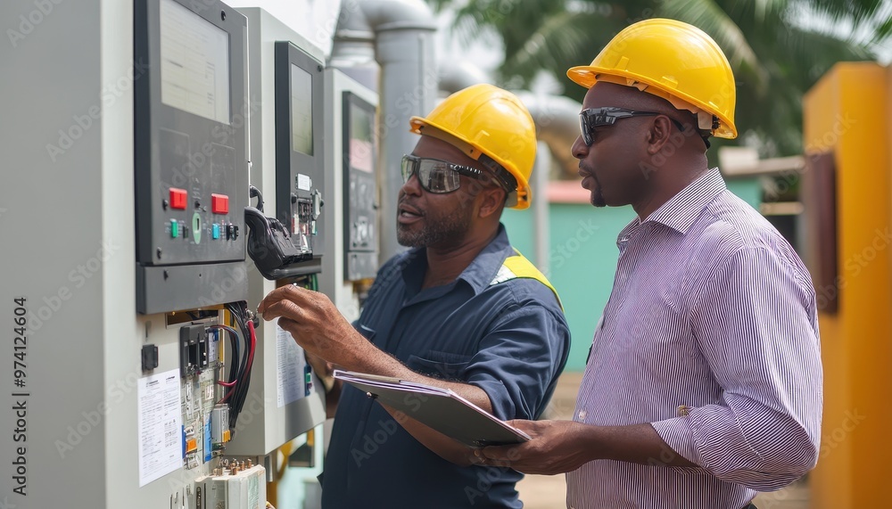 Two engineers in safety helmets examining electrical panels outdoors, ensuring proper operation and safety compliance on a project. Two engineers in safety helmets examining electrical panels outdoors, ensuring proper operation and safety compliance on a project.