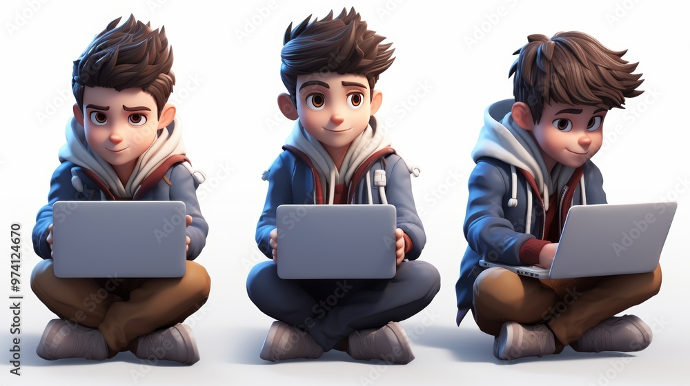 Three young cartoon characters engaged with laptops while sitting at a table on white background Three young cartoon characters engaged with laptops while sitting at a table on white background