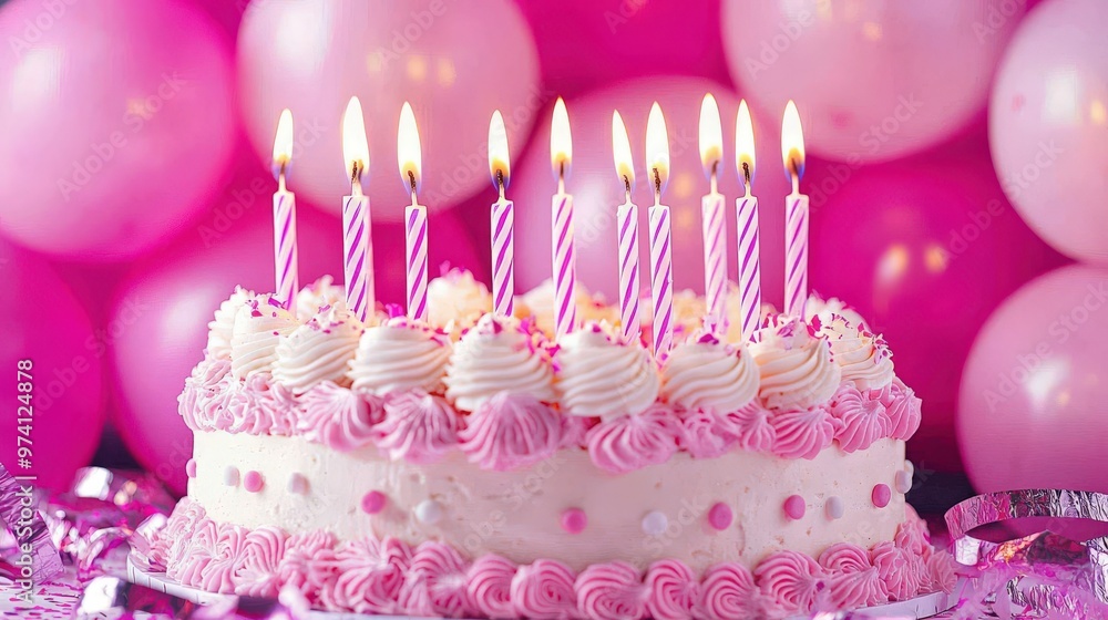 Joyful party setting with a bouquet of bright, cheerful balloons in the background and a collection of birthday candles burning warmly on a decorated cake, surrounded by festive streamers and Joyful party setting with a bouquet of bright, cheerful balloons in the background and a collection of birthday candles burning warmly on a decorated cake, surrounded by festive streamers and