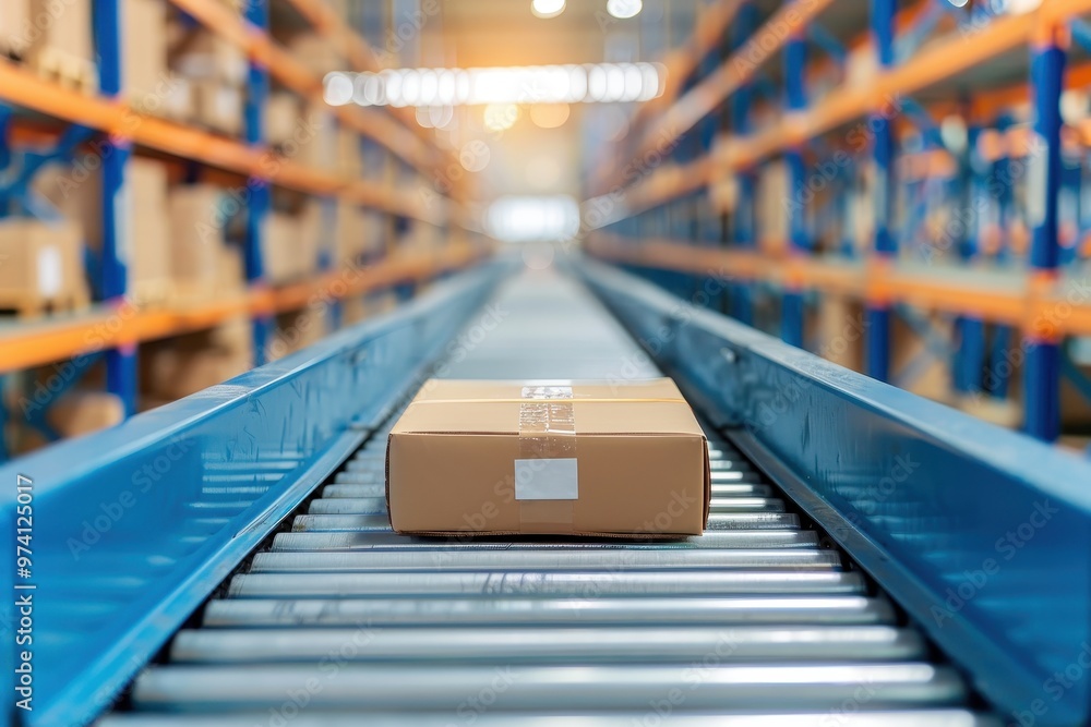 A cardboard box on a moving conveyor belt in a large warehouse, surrounded by storage shelves with stacked boxes, illustrating the logistics and distribution process. A cardboard box on a moving conveyor belt in a large warehouse, surrounded by storage shelves with stacked boxes, illustrating the logistics and distribution process.