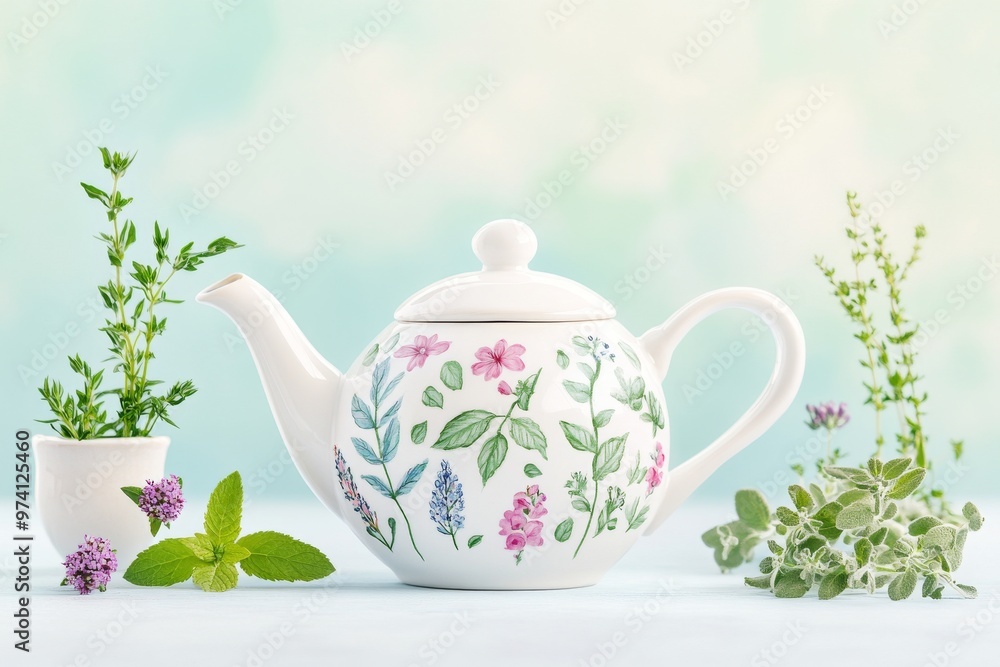 A decorative teapot surrounded by fresh herbs, perfect for tea lovers and showcasing natural beauty in a serene setting. A decorative teapot surrounded by fresh herbs, perfect for tea lovers and showcasing natural beauty in a serene setting.