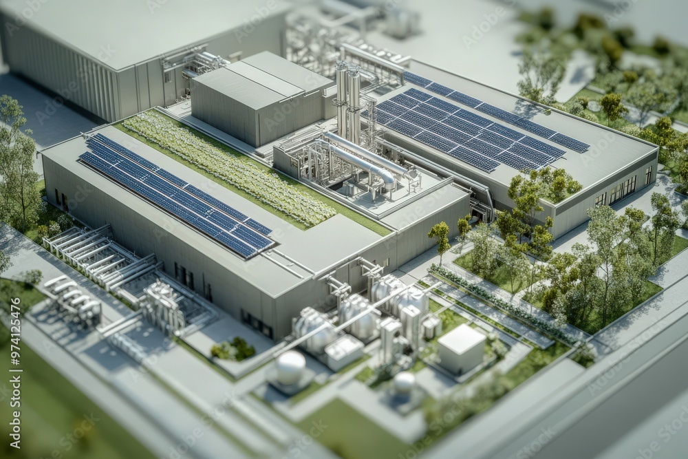 A state-of-the-art biochemical production facility designed with sustainability in mind. Incorporate features like solar panels, green roofs, and closed-loop water systems A state-of-the-art biochemical production facility designed with sustainability in mind. Incorporate features like solar panels, green roofs, and closed-loop water systems