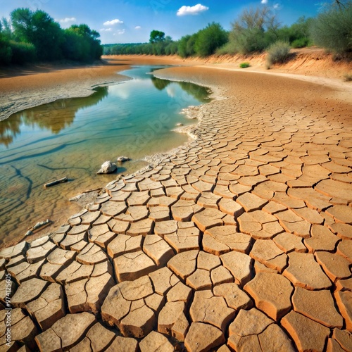 Dramatic landscape of dry cracked riverbed with remnant water against lush green vegetation photo