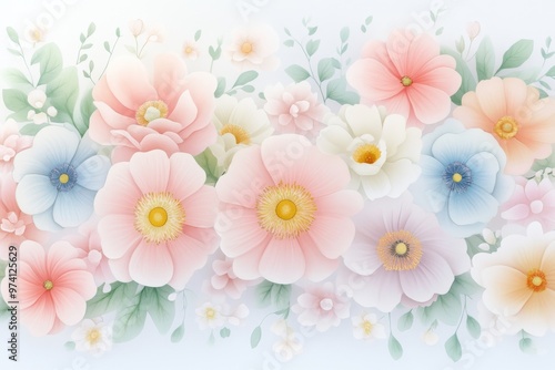 A delicate arrangement of soft pastel flowers in bloom, creating a serene and refreshing aesthetic for any design.