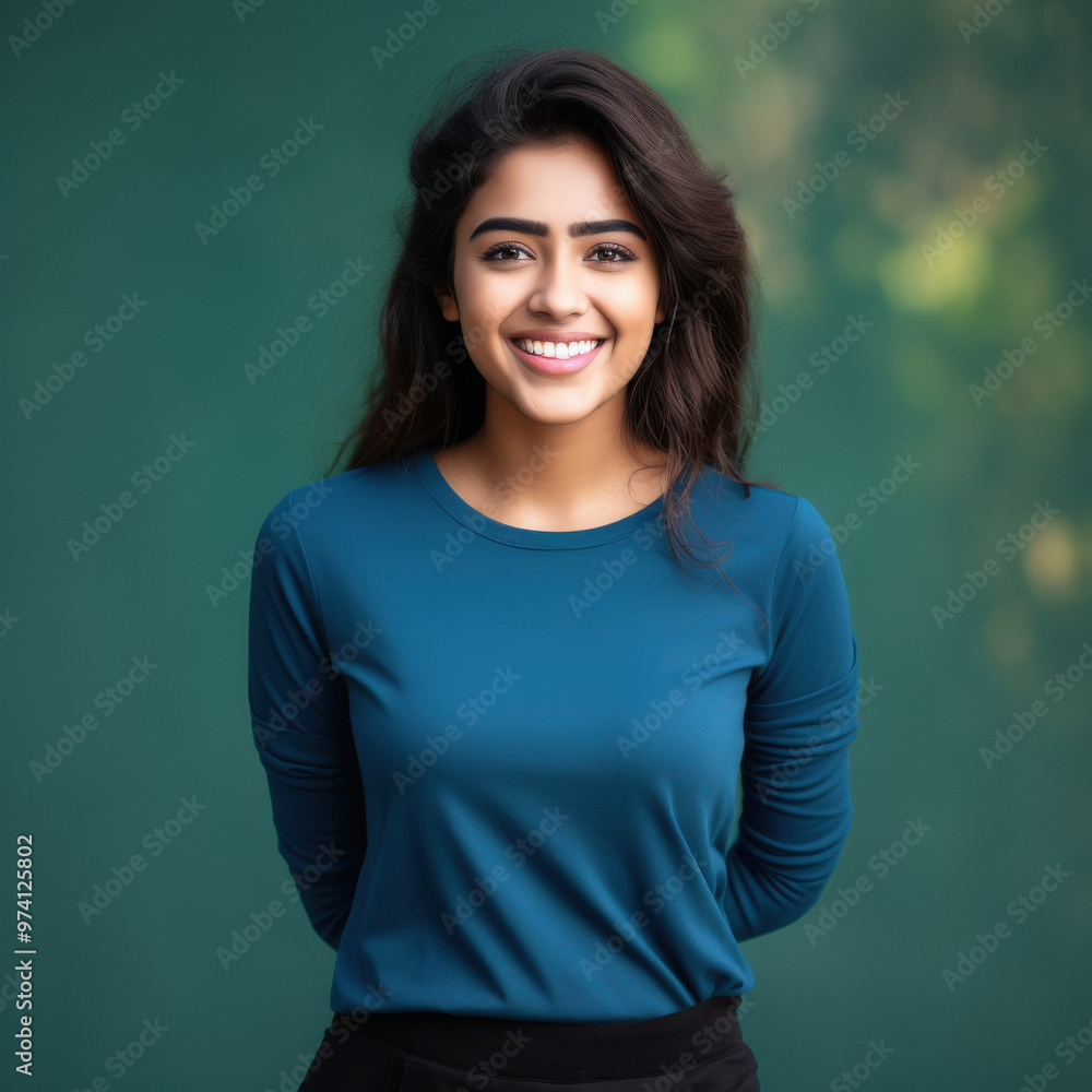 Fototapeta premium pretty modern young indian girl wearing blue top smiling, confident and smart, on solid color background