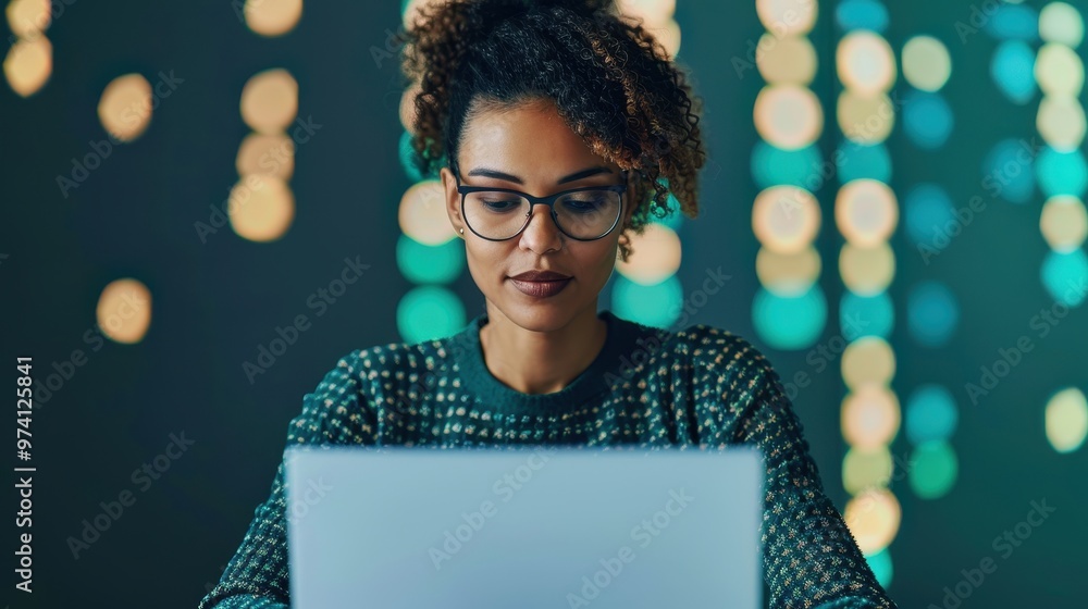 A female software developer focuses intently while working on her laptop, with lines of code displayed on multiple screens in the background. A female software developer focuses intently while working on her laptop, with lines of code displayed on multiple screens in the background.