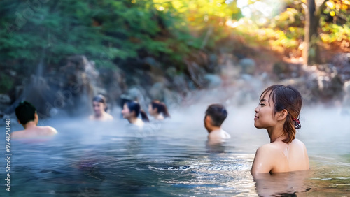 混浴露天風呂に入る女性と、それを遠くから見る男性