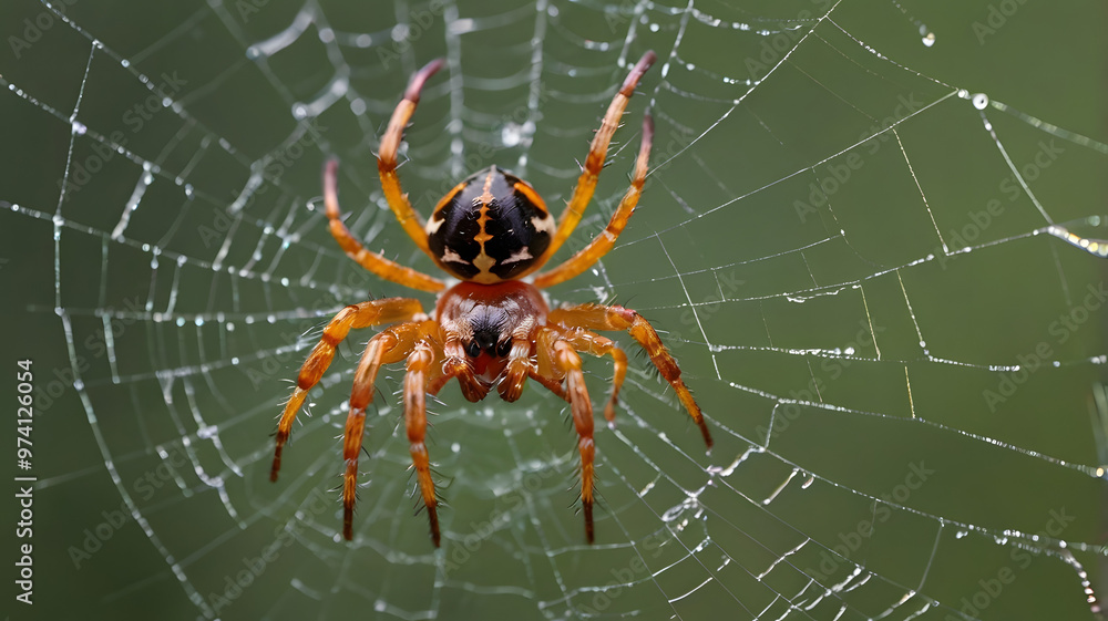 Creepy Garden Spider in Web Macro, Dew Drops, Nature Predator, Wildlife Autumn Scene, Hunting Atmosphere, Wild Outdoors Creepy Garden Spider in Web Macro, Dew Drops, Nature Predator, Wildlife Autumn Scene, Hunting Atmosphere, Wild Outdoors