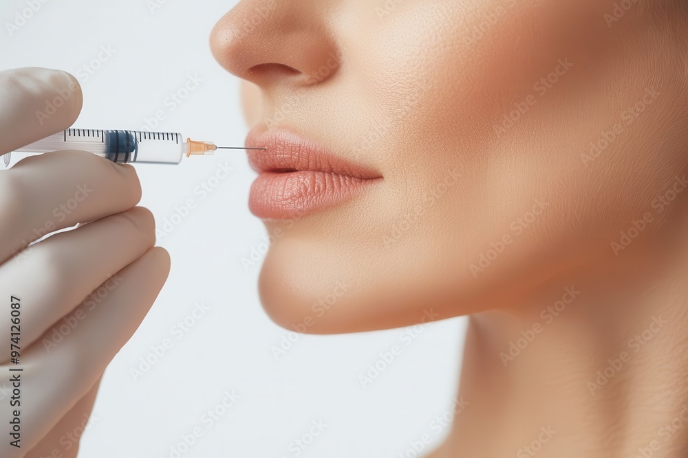 Close-up of a woman receiving a lip injection, showcasing beauty and cosmetic enhancement treatments. Close-up of a woman receiving a lip injection, showcasing beauty and cosmetic enhancement treatments.