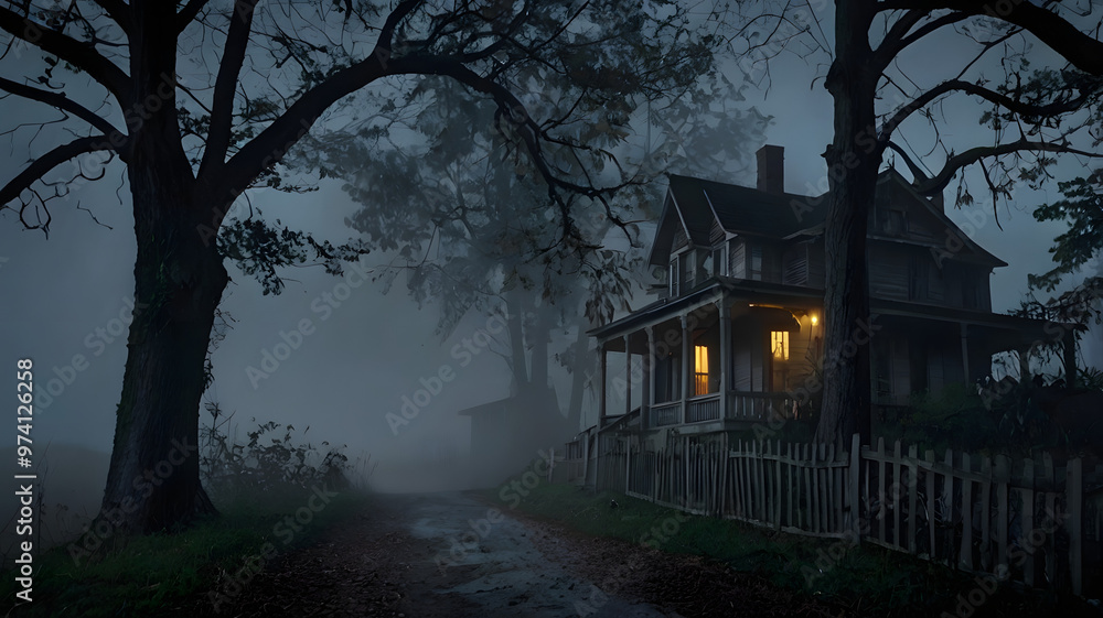 Eerie Abandoned Mansion in Misty Fog Isolated Forest Pathway, Gloomy Haunted House, Autumn Trees, Creepy Desolation Eerie Abandoned Mansion in Misty Fog Isolated Forest Pathway, Gloomy Haunted House, Autumn Trees, Creepy Desolation