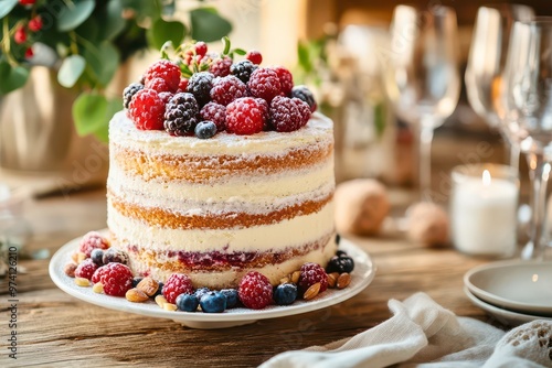 Wallpaper Mural Delicious layered cake topped with fresh berries, perfect for celebrations or special occasions. Indulge in this delightful dessert. Torontodigital.ca