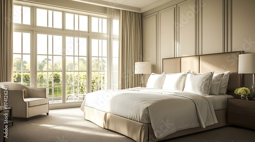 Hotel suite designed for tranquility with neutral tones and plush bedding.