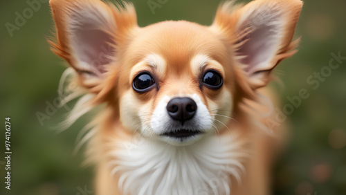 A golden long coat Chihuahua that lives for a long time Face seen from the front