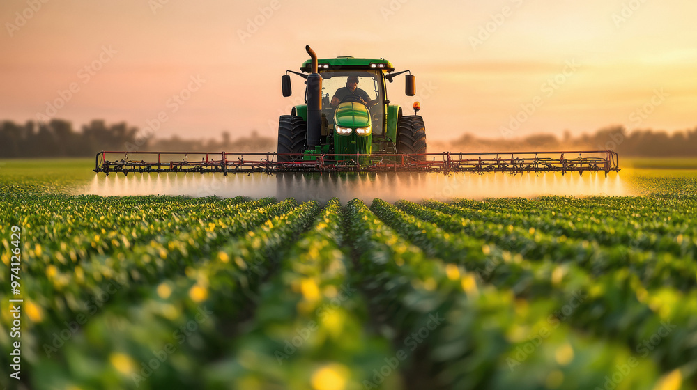 tractor spraying pesticides on an agricultural field with rows of corn during sunset. tractor spraying pesticides on an agricultural field with rows of corn during sunset.