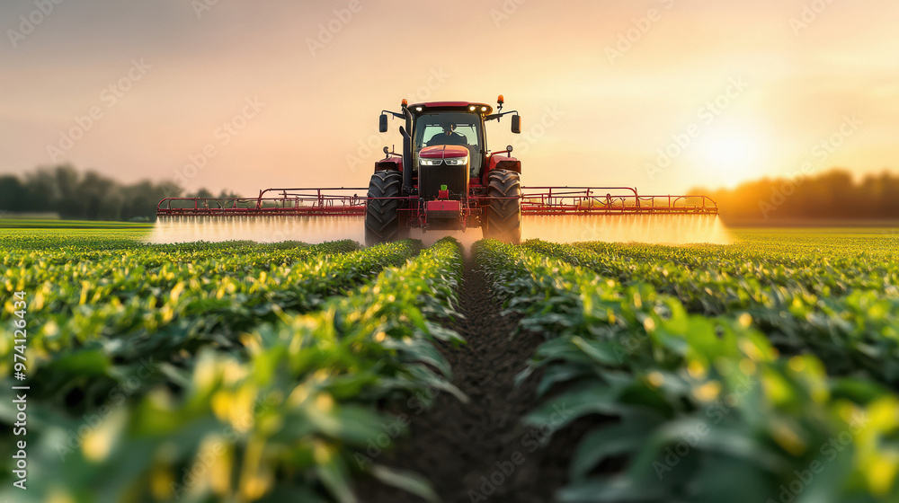 tractor spraying pesticides on an agricultural field with rows of corn during sunset. tractor spraying pesticides on an agricultural field with rows of corn during sunset.